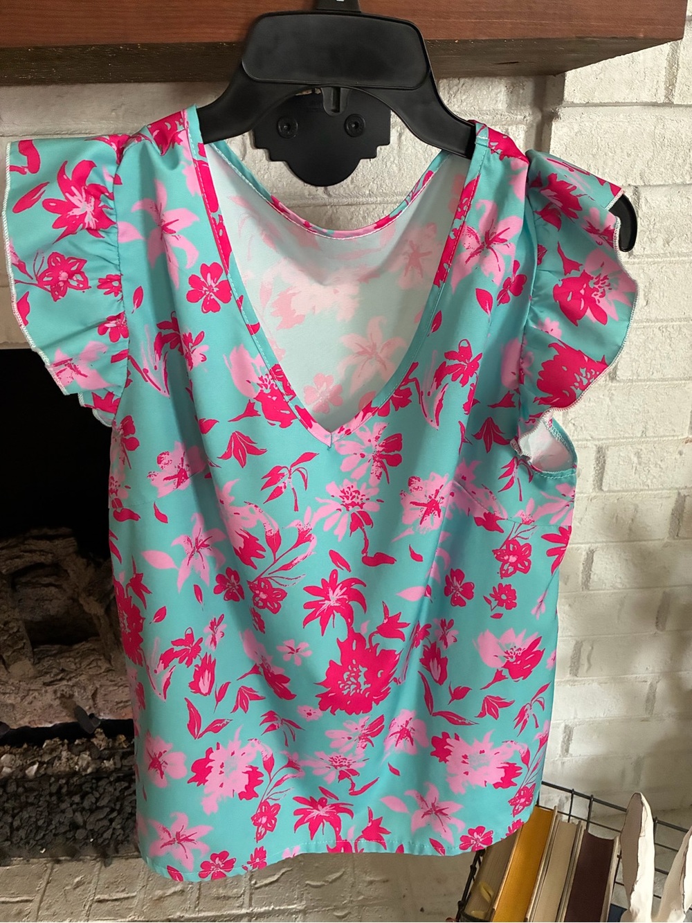 SHEIN Turquoise V-Neck Flutter Sleeve Blouse with Hot Pink Floral